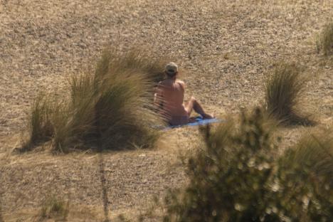 A nude man sits on a beach towel partially obscured by beach grass.