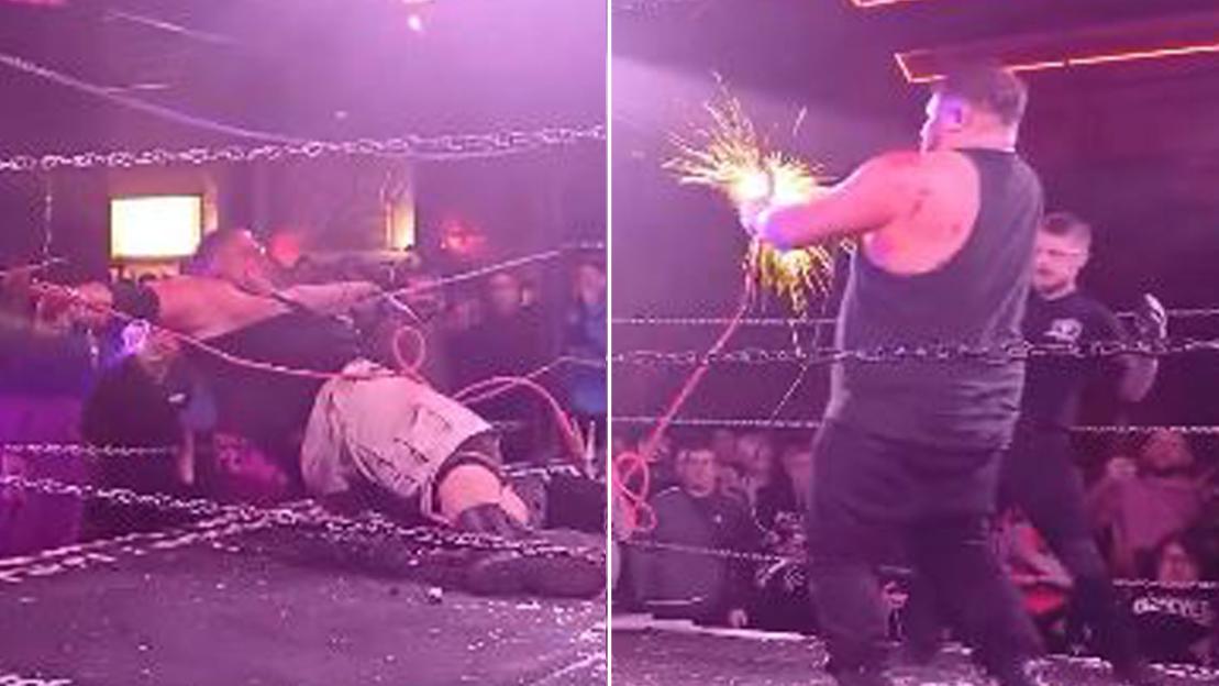 Blood-soaked wrestler electrocutes his own DAD with jump leads in ring in horrific ‘death match’