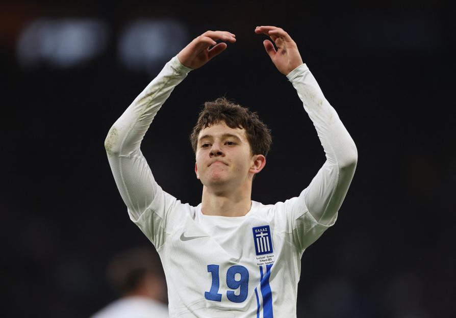 Konstantinos Karetsas of Greece celebrates scoring a goal.