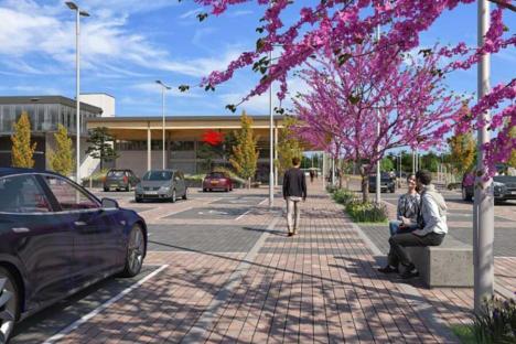 Illustration of a new train station with parking lot and people.