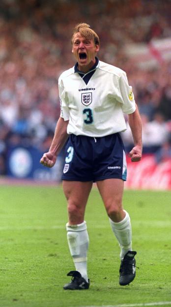 Stuart Pearce celebrating after scoring a penalty in the Euro 96 quarter-final.