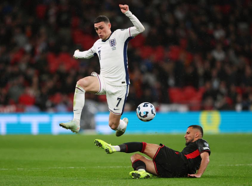 Phil Foden of England in action during a soccer match.