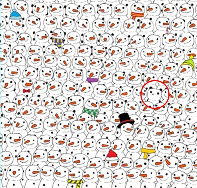 Illustration of a panda hidden among snowmen.