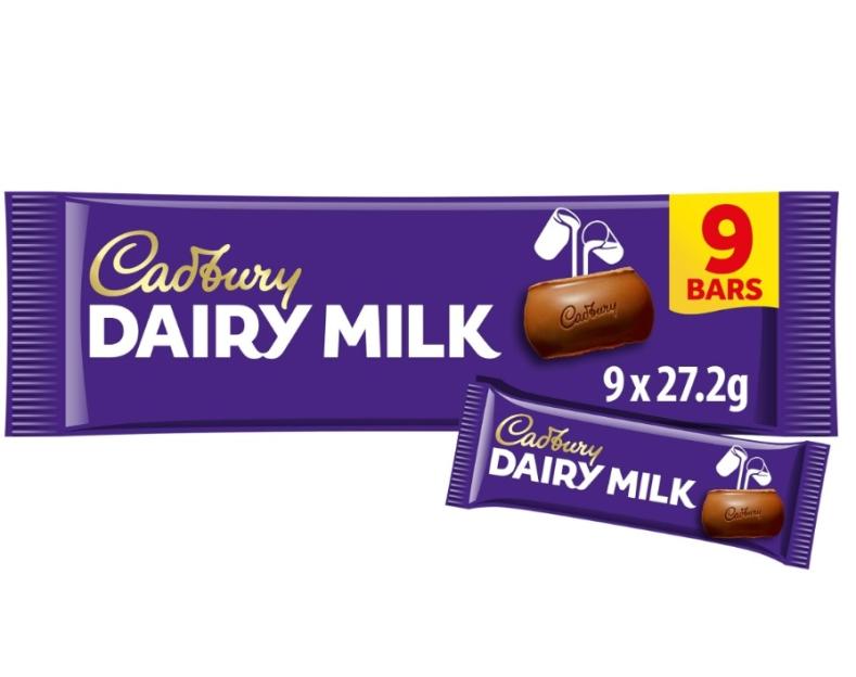 Illustration of Cadbury Dairy Milk multipack with nine bars.