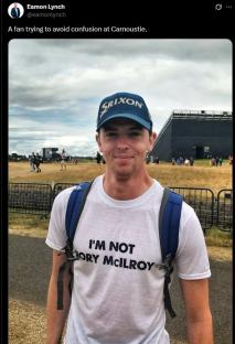 Man wearing a shirt that says "I'M NOT Rory McIlroy" at a golf tournament.