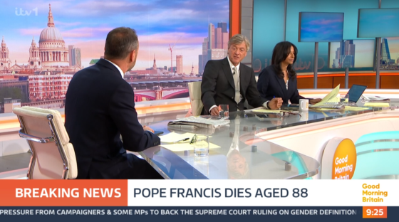 Screenshot of a news segment announcing the death of Pope Francis.