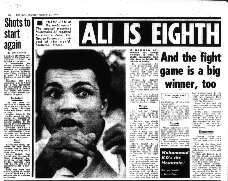 Newspaper clipping showing Muhammad Ali after winning a boxing match.