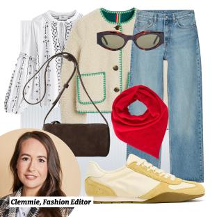 Collage of Clemmie, Fashion Editor's outfit: embroidered blouse, cream jacket, jeans, sunglasses, red scarf, brown bag, and cream sneakers.