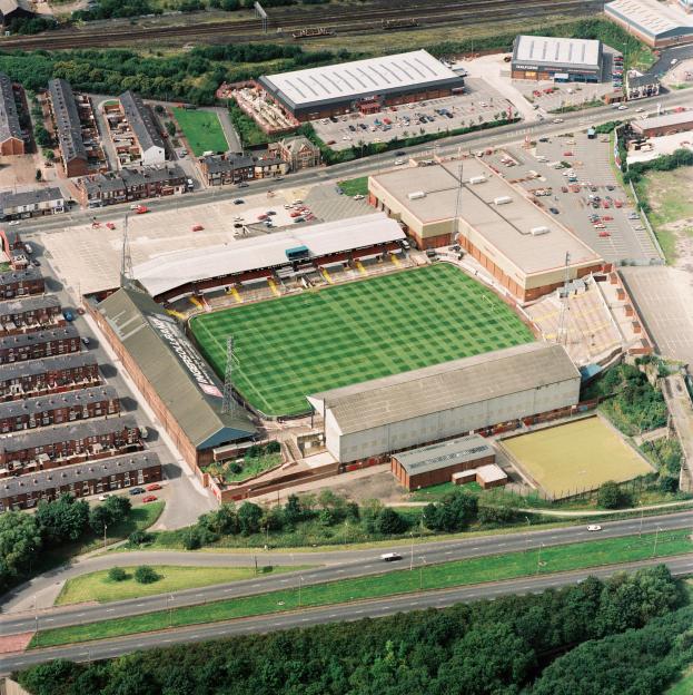 Aerial view of Burnden Park in Bolton, England.