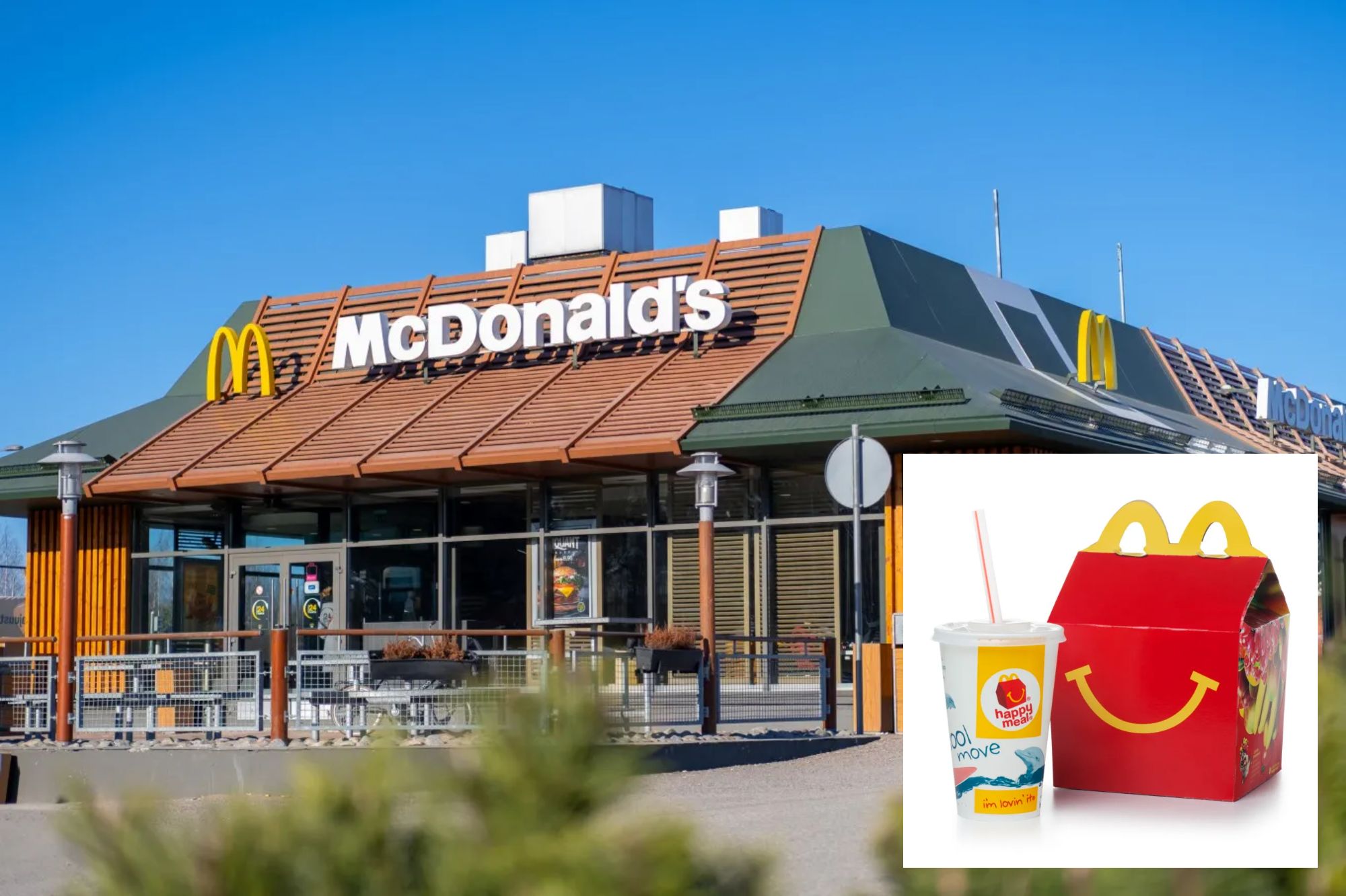 An image collage containing 2 images, Image 1 shows Exterior view of a McDonald's restaurant on a sunny day, Image 2 shows McDonald's Happy Meal box and drink cup