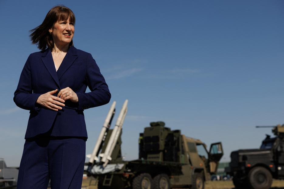 Rachel Reeves, UK Chancellor of the Exchequer, stands near missiles at RAF Northolt.