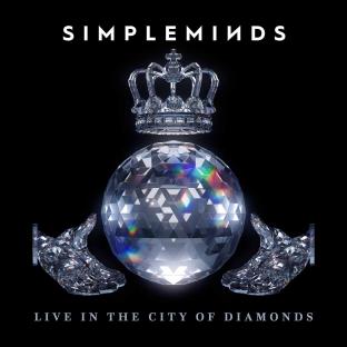 Simple Minds album cover: Live in the City of Diamonds. Illustration of a diamond sphere, crown, and two hands.