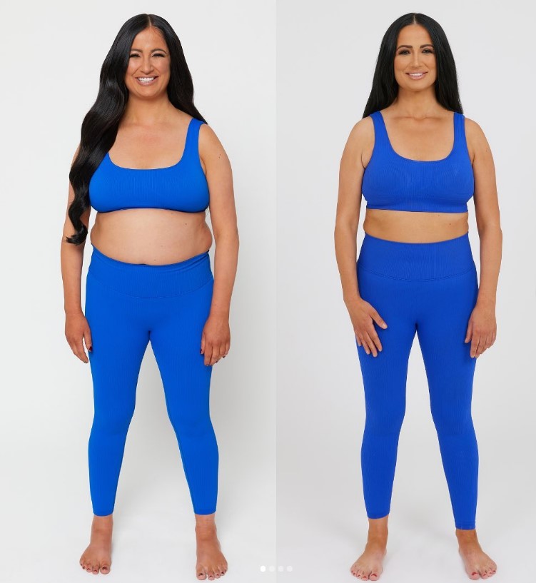 Before and after weight loss photos of a woman in blue workout clothes.