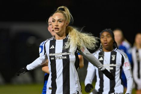 BIELLA, ITALY - DECEMBER 18:Alisha Lehmann of Juventus FC looks on during the UEFA Women's Champions League match between Juventus FC and Valerenga at Stadio Comunale Vittorio Pozzo Lamarmora on December 18, 2024 in Biella, Italy. (Photo by Stefano Guidi - Juventus FC/Juventus FC via Getty Images)