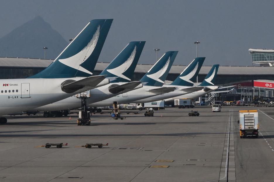 Cathay Pacific airplanes at Hong Kong International Airport.