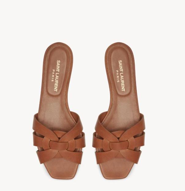 Brown Saint Laurent woven leather sandals.