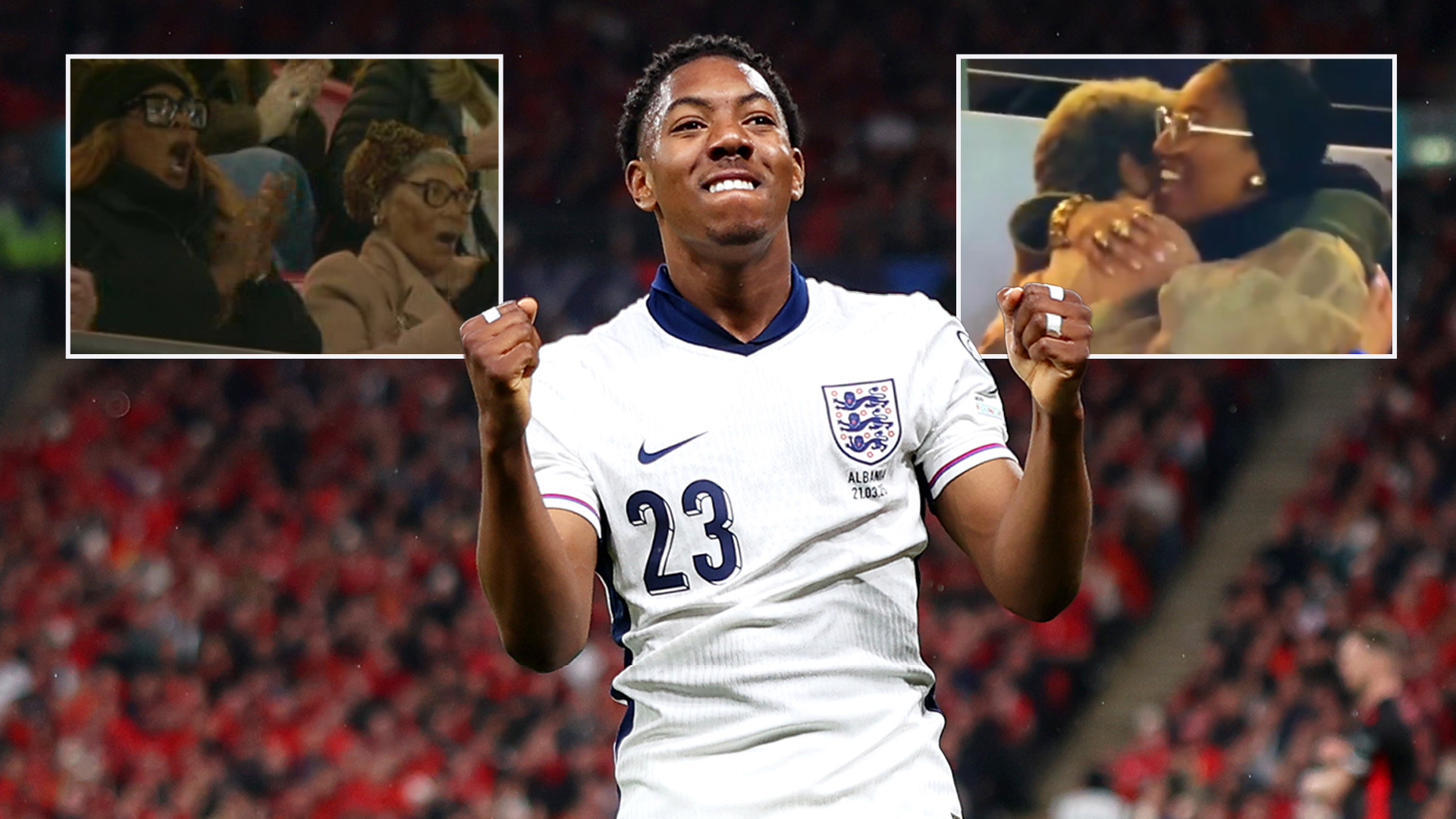 Emotional moment Myles Lewis-Skelly’s family are spotted going wild in Wembley crowd after his historic England goal