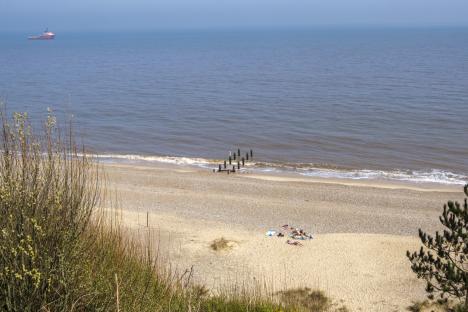 Beach scene with people sunbathing and a ship in the distance.