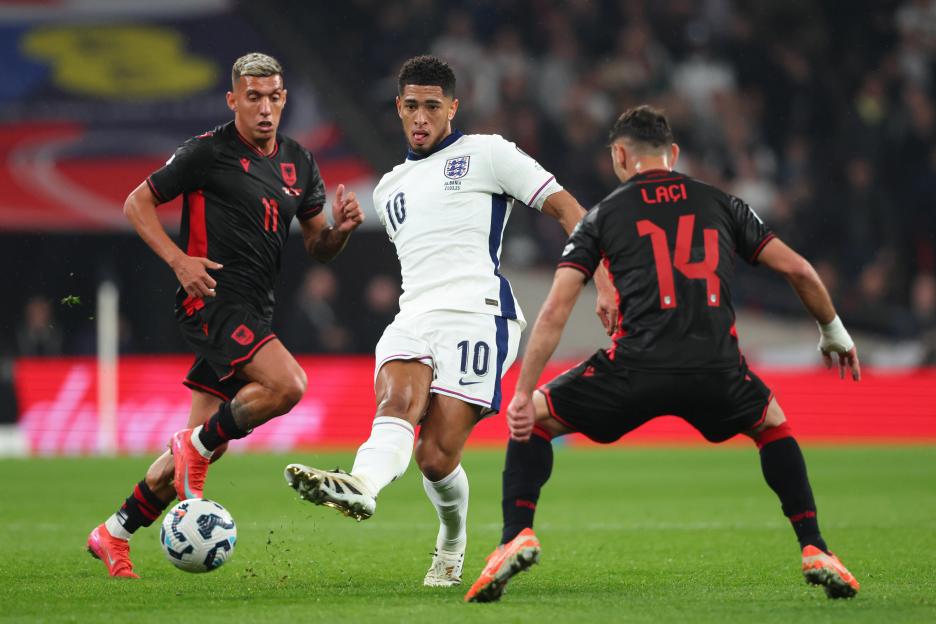 Jude Bellingham of England in action during a soccer match.