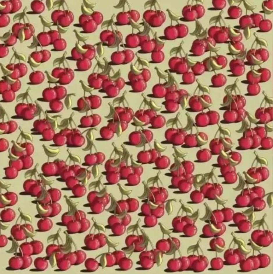 Illustration of a brain teaser: find the tomato hidden among many cherries.