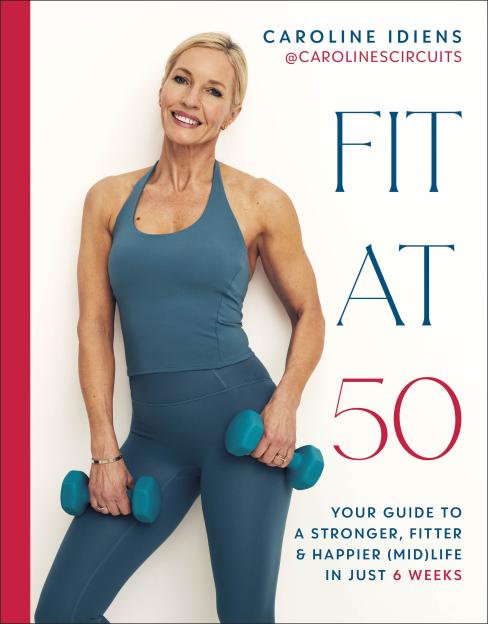 Book cover: Woman holding dumbbells; "Fit at 50"