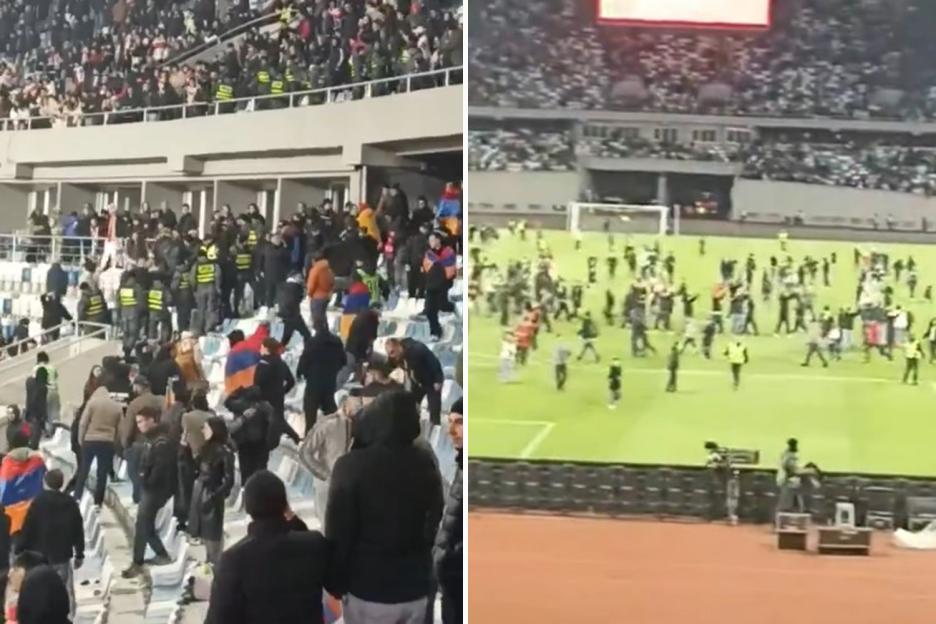 Nations League play-off descends into chaos as fans invade pitch and attack opposition players in shocking scenes