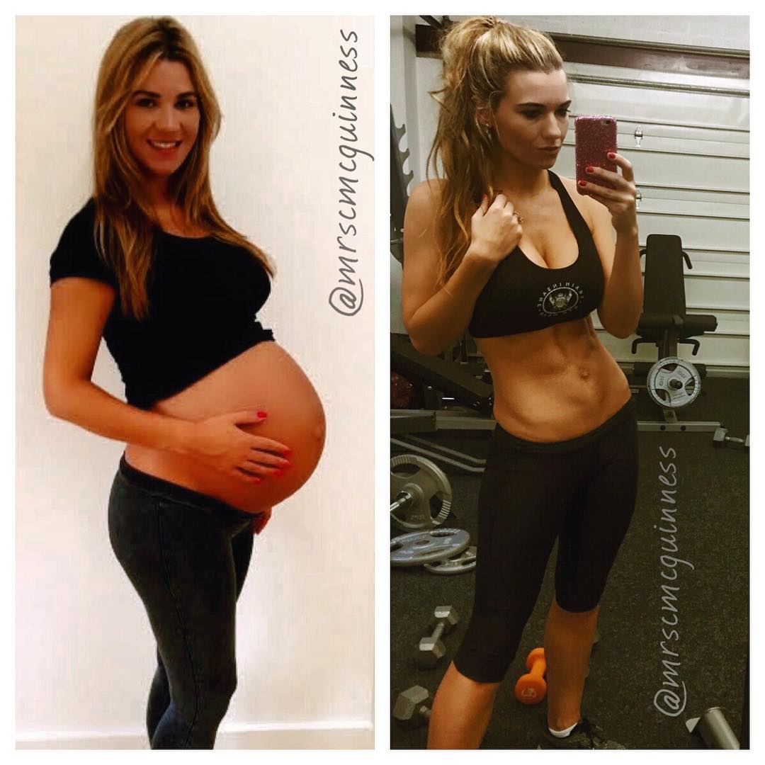 Before and after photos of a woman's body, showing her pregnant and then post-pregnancy with defined abs.