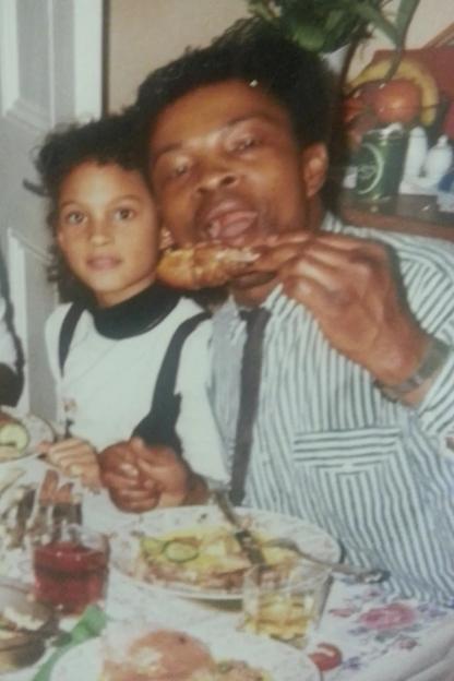 Alesha Dixon as a child with her father and grandmother at a family meal.