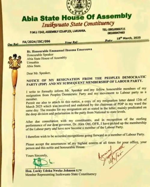 Another Abia PDP House of Assembly member defects to LP 3