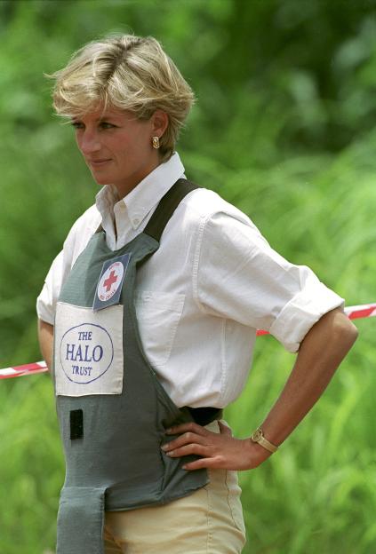 Princess Diana in Angola wearing a Halo Trust vest.