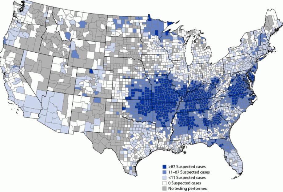 Map of suspected alpha-gal syndrome cases in the US, 2017-2022.