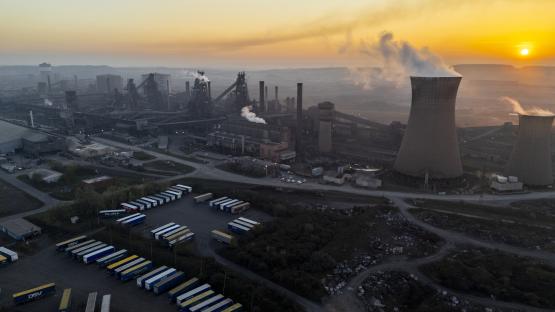 Aerial view of British Steel Scunthorpe site at sunrise.
