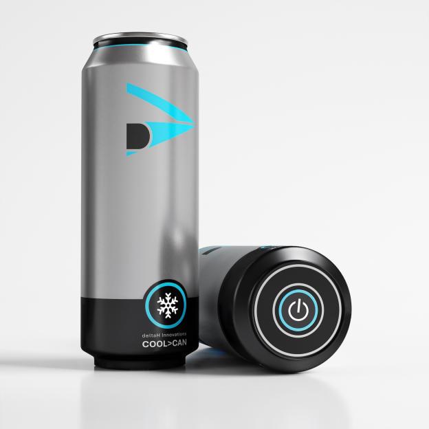 Illustration of two COOL>CAN beverage cans.