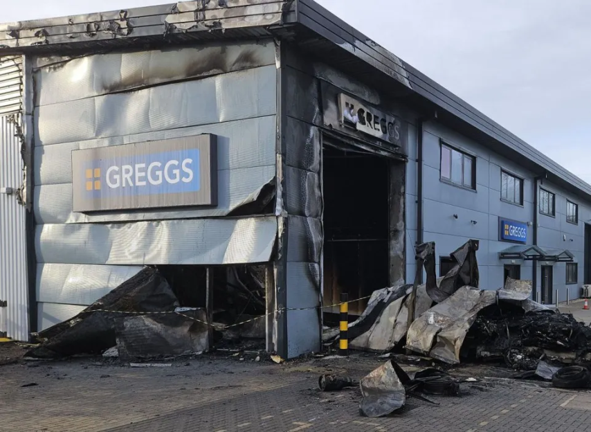 Fire-damaged Greggs building.