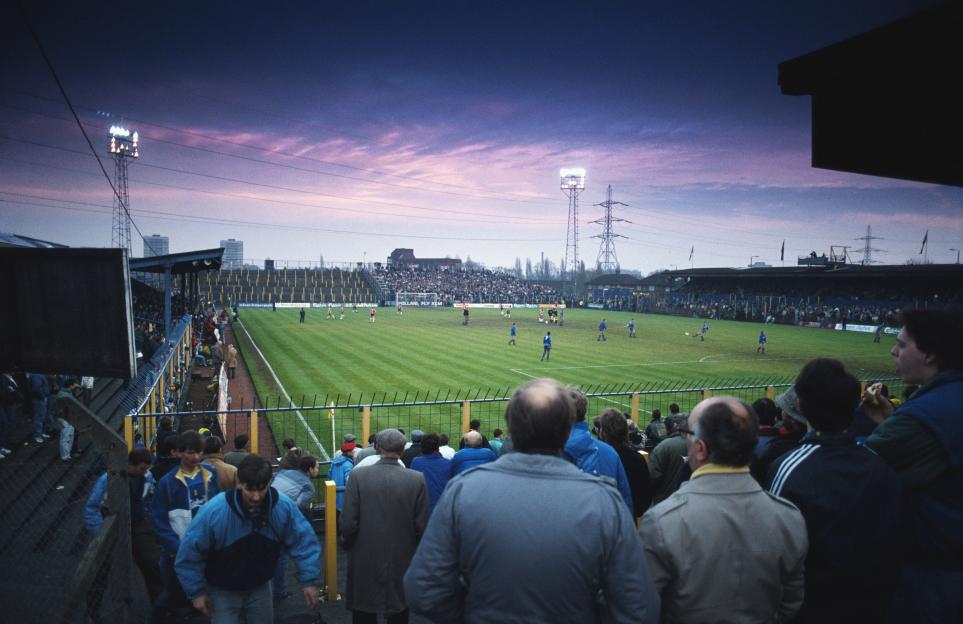 General view of a football match at Plough Lane, Wimbledon.