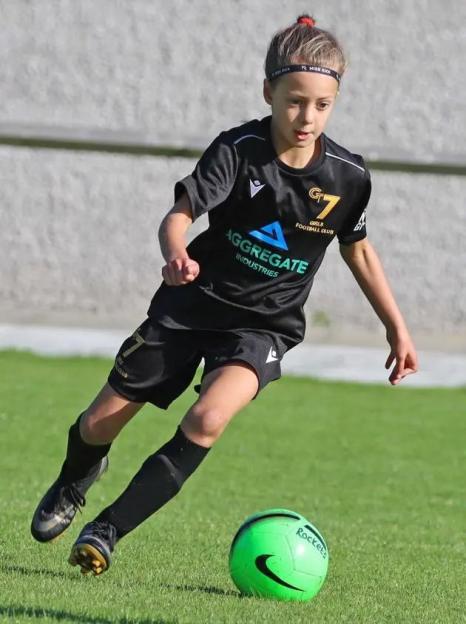 Young girl playing soccer.