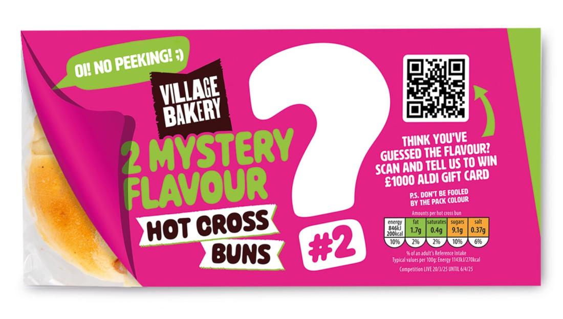 Package of two mystery flavor hot cross buns with a QR code to enter a contest.