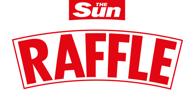 a red and white logo for the sun raffle