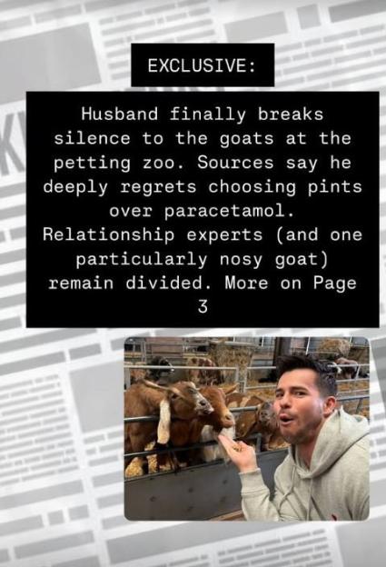 Newspaper clipping about a husband apologizing to goats at a petting zoo.