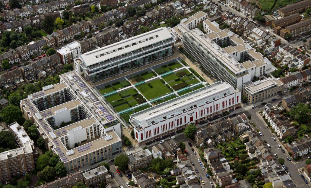 Aerial view of Highbury Square luxury apartments and Arsenal Stadium in London.