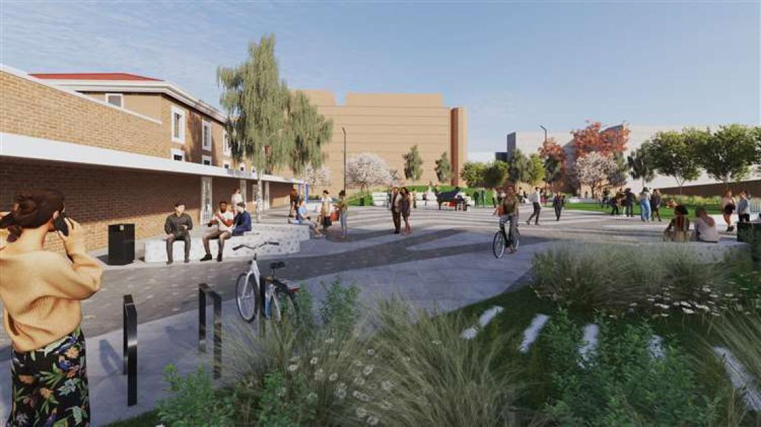 Illustration of Bouverie Square bus station in Folkestone transformed into a park.