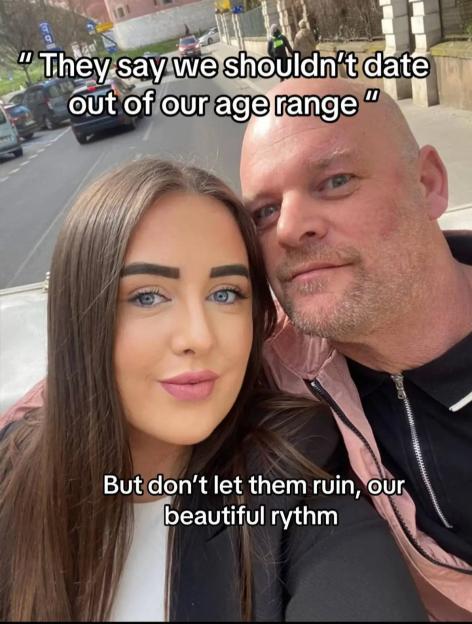 Photo of a young woman and older man with text overlay: "They say we shouldn't date out of our age range. But don't let them ruin our beautiful rhythm."