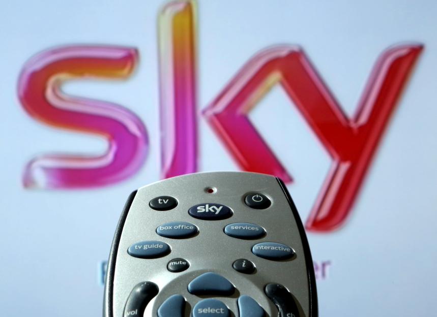 Sky HD remote control in front of Sky logo.