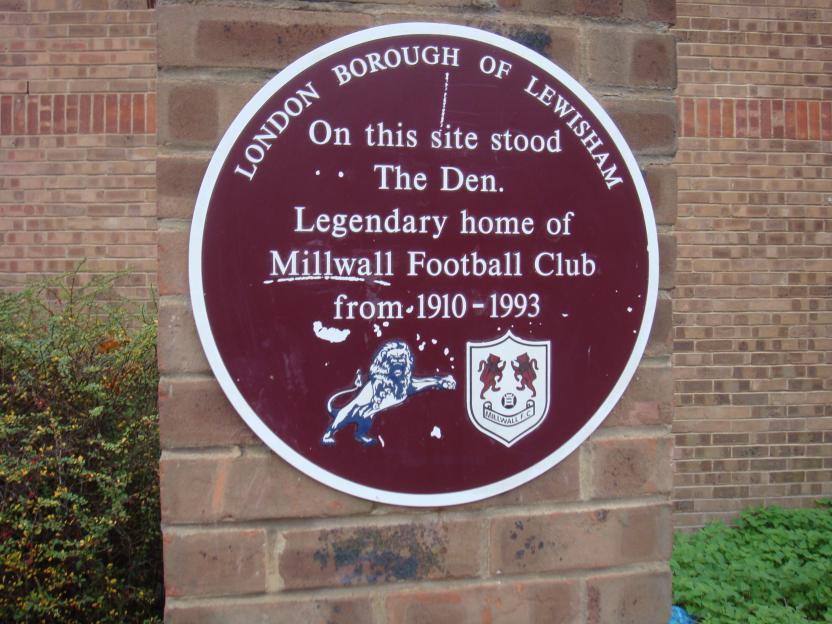 Plaque marking the site of Millwall Football Club's former stadium, The Den.