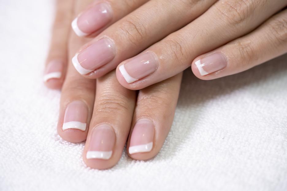 Close-up of hands with French manicured fingernails.