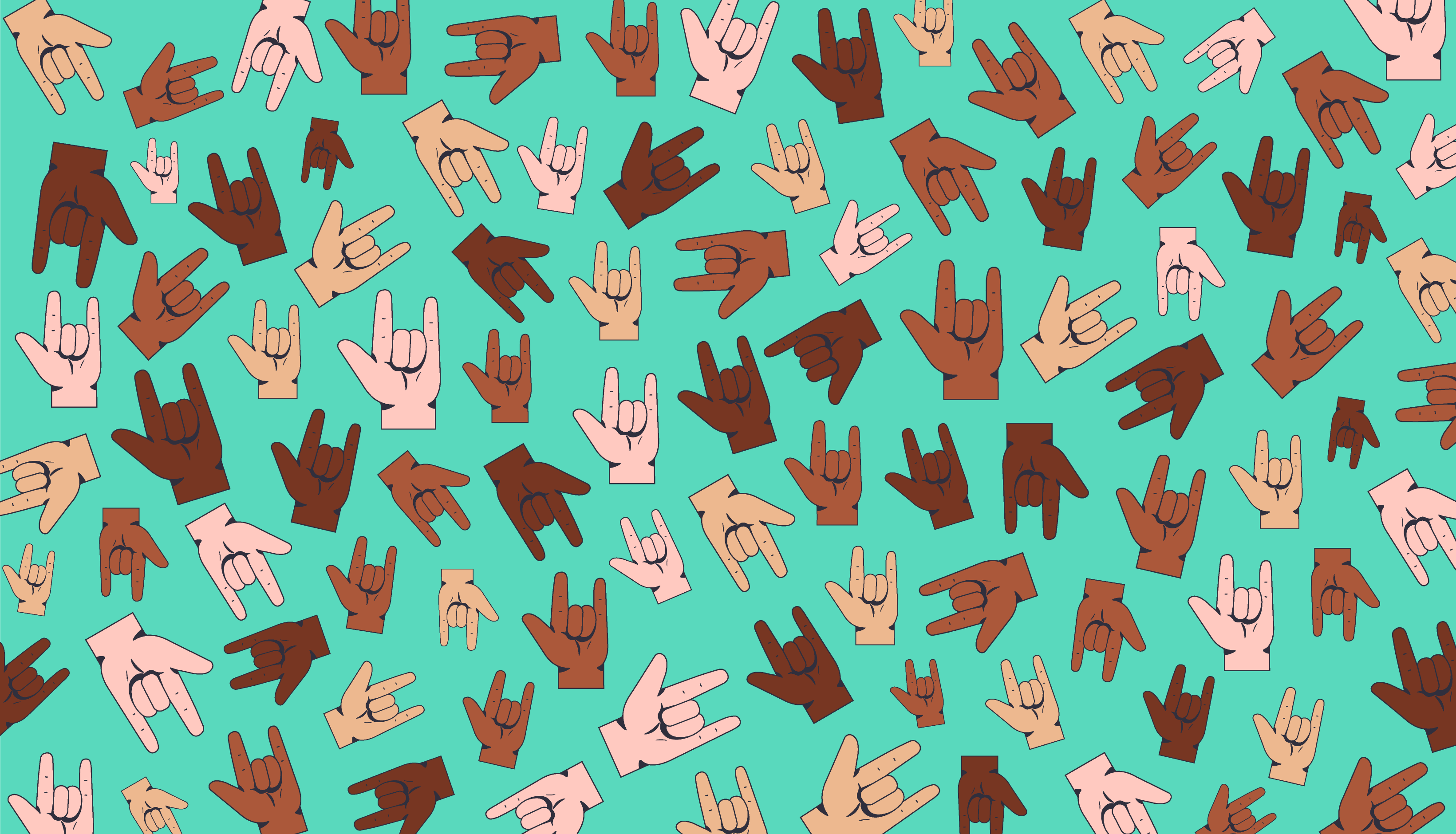 Illustration of many hands forming the "I love you" hand gesture in sign language.