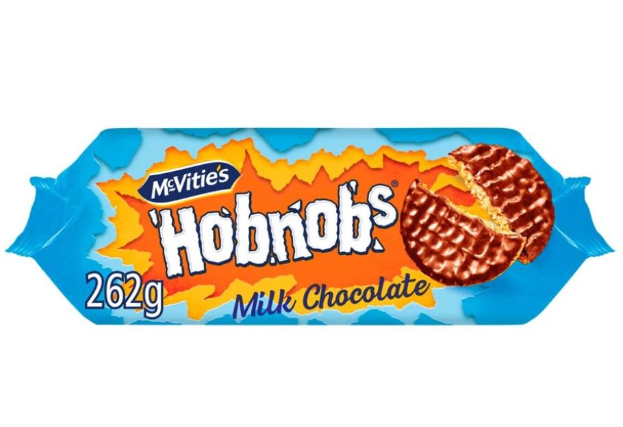 Package of McVitie's Hobnobs Milk Chocolate biscuits.