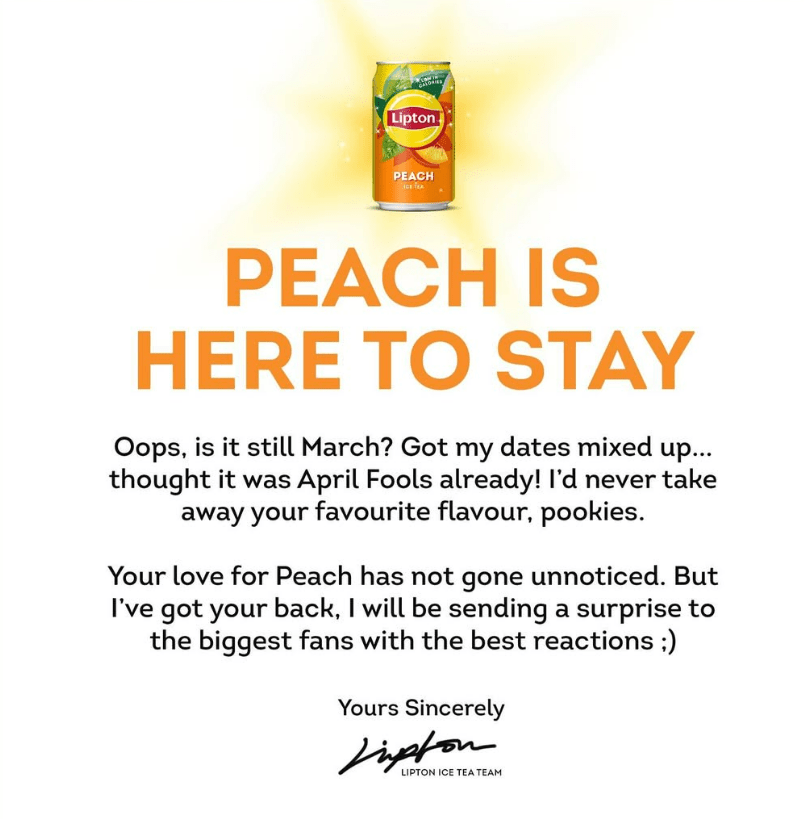 Lipton Peach Ice Tea can with announcement: Peach is here to stay.