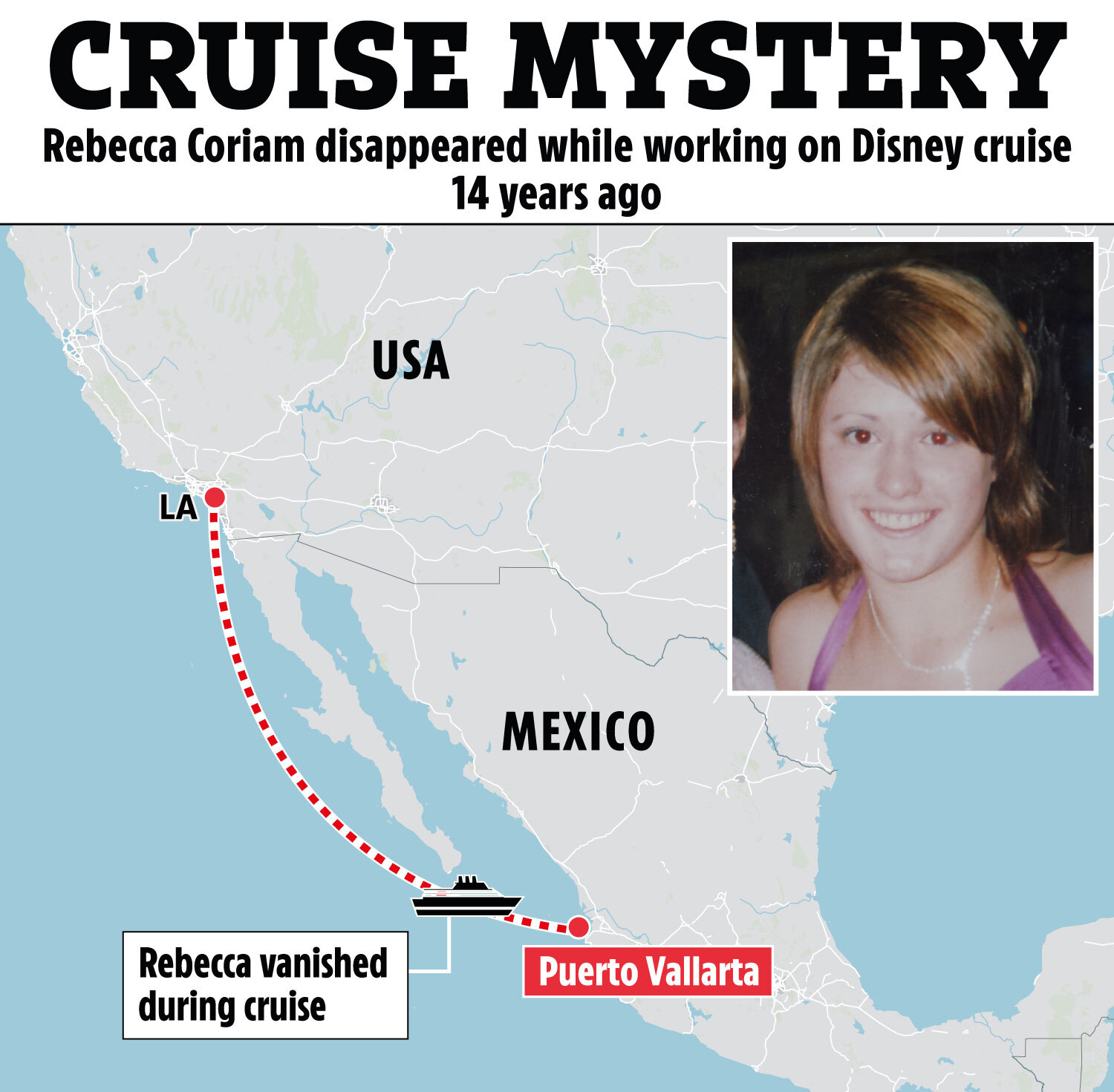 Map showing Rebecca Coriam's disappearance route during a Disney cruise from Los Angeles to Puerto Vallarta.