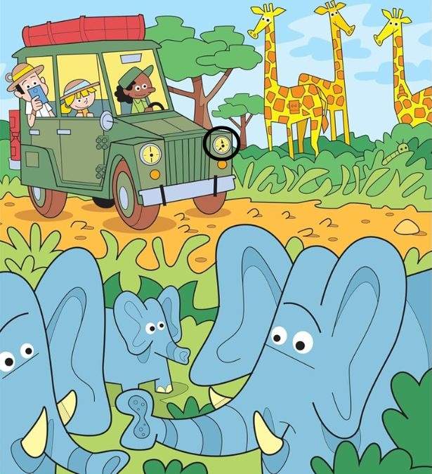 Illustration of a safari jeep with passengers, giraffes, and elephants; a clock is hidden in the image.